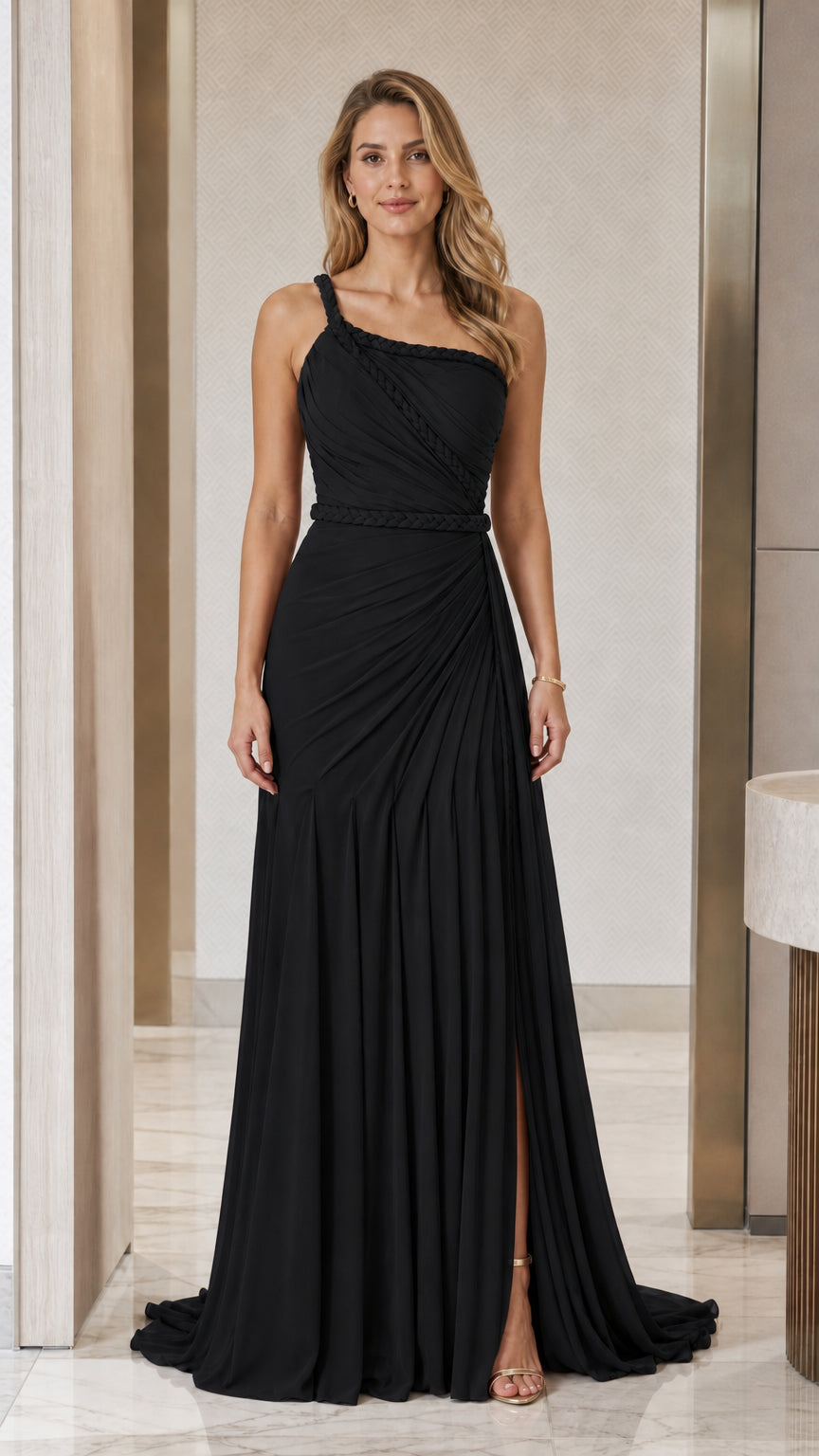 Model wearing black one-shoulder evening gown