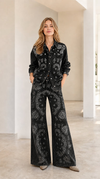 Full front view of woman wearing Washed Black paisley print denim two-piece set