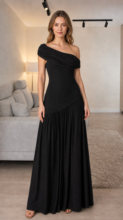 Front view of black one-shoulder pleated maxi dress
