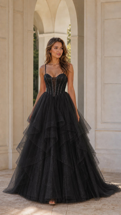 Black glitter tulle corset ball gown
