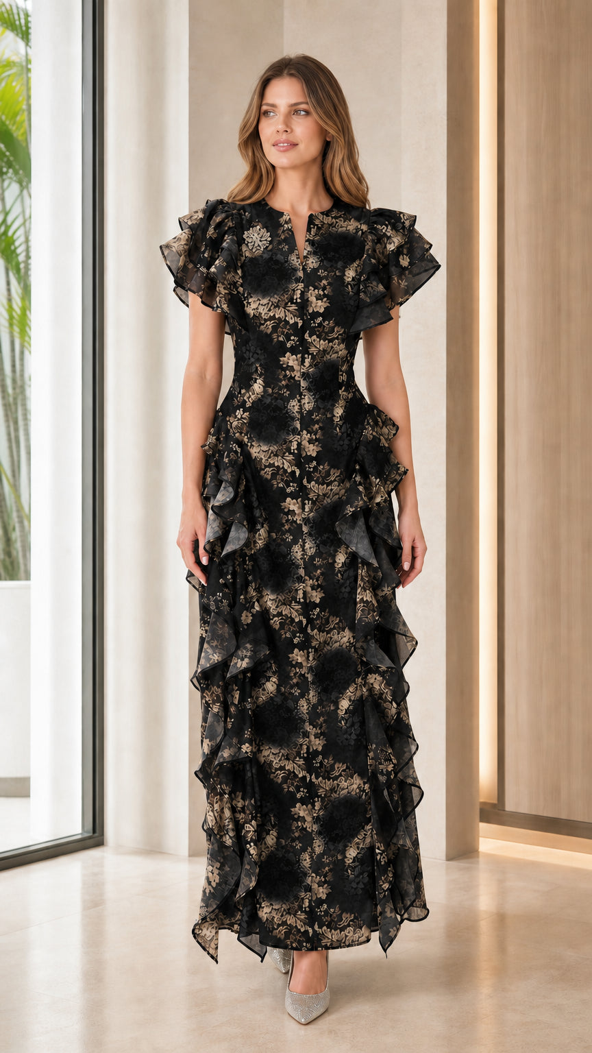 Front view of black floral print ruffle maxi dress