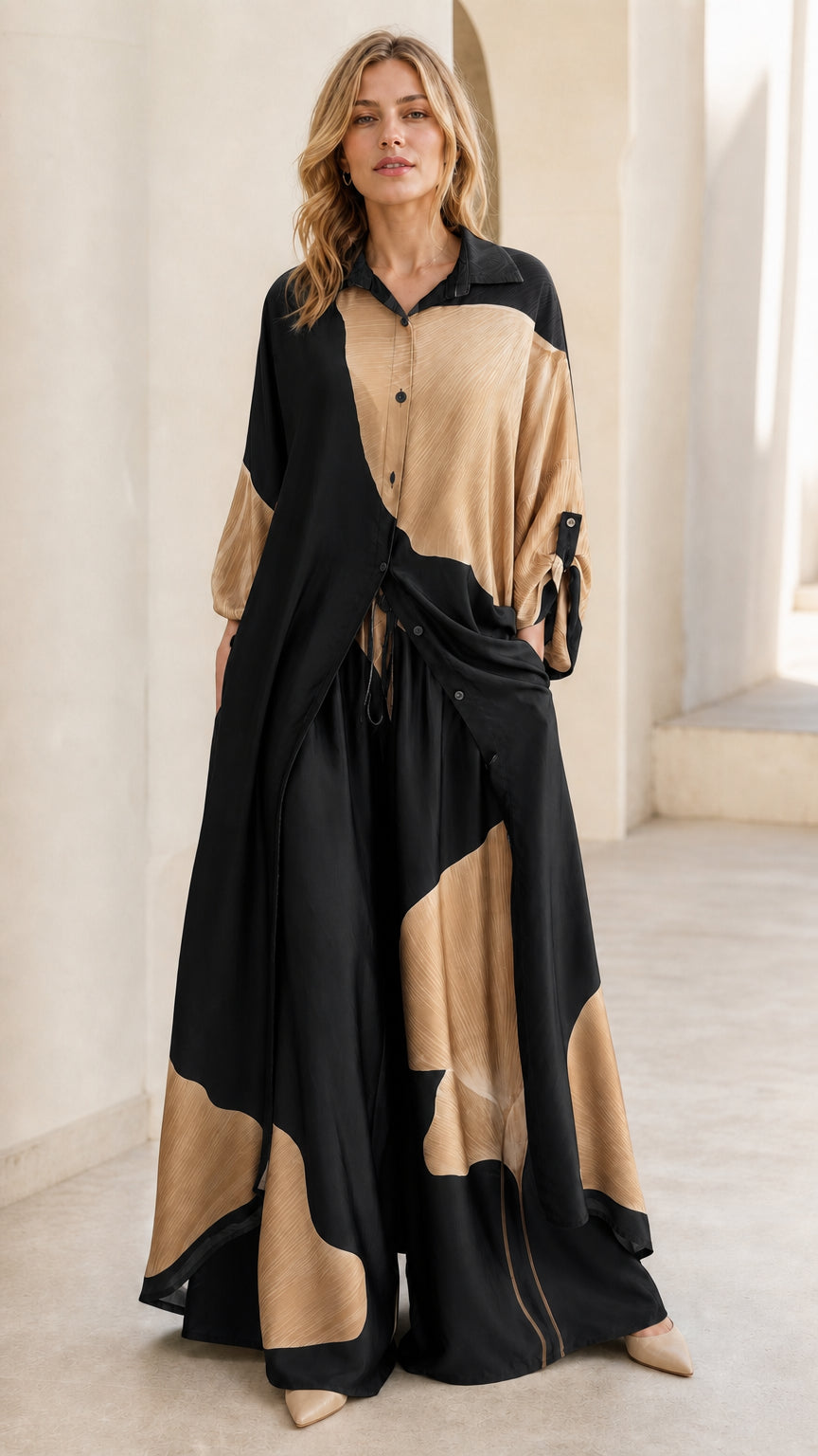 Front view of black and beige color block two-piece set