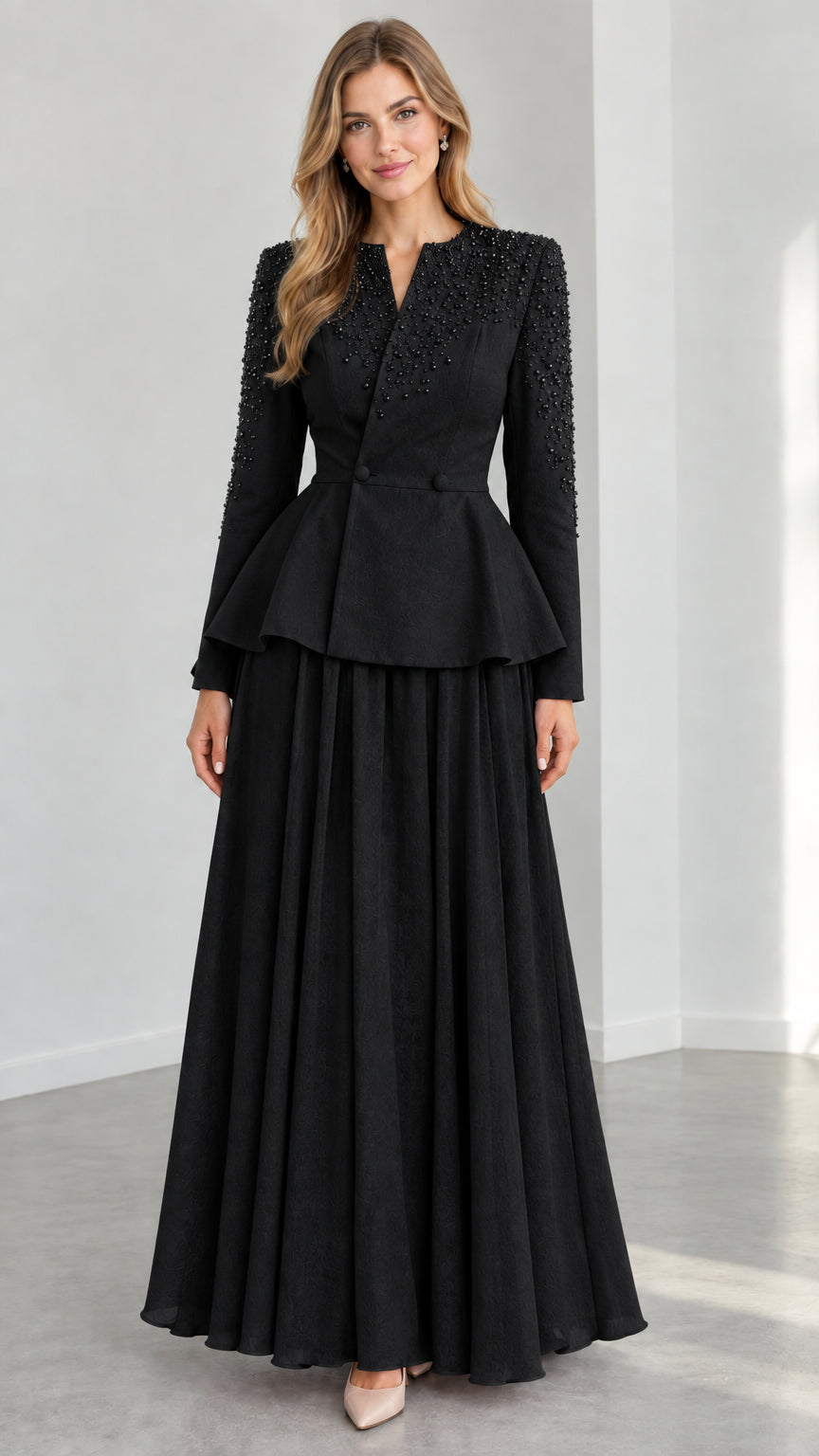 Black long sleeve beaded peplum top and pleated maxi skirt formal dress set