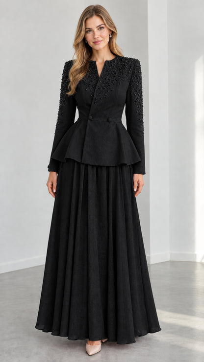Black long sleeve beaded peplum top and pleated maxi skirt formal dress set