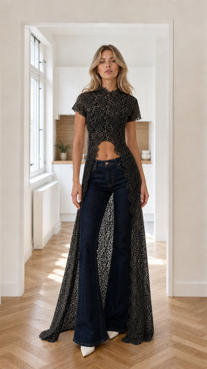 Model wearing black floral lace high slit maxi duster cardigan