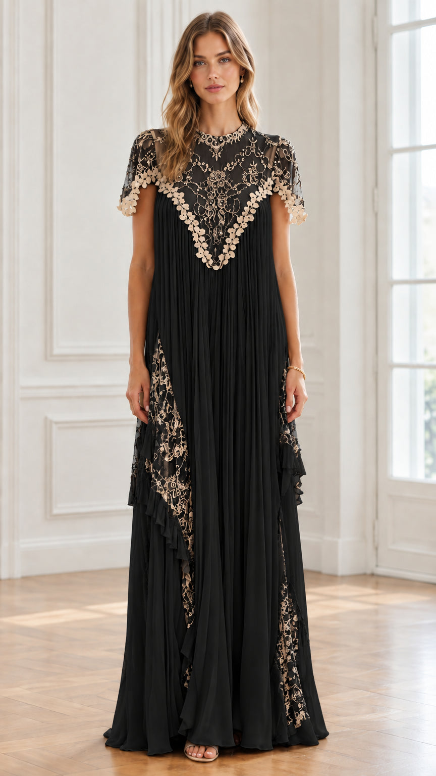 Black pleated maxi dress with contrasting embroidered lace bodice