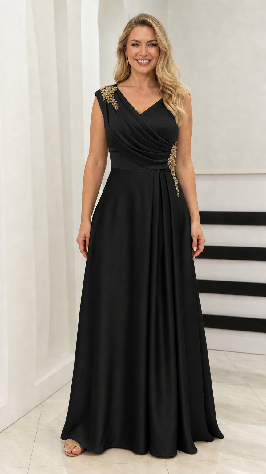 Model wearing black V-neck evening dress