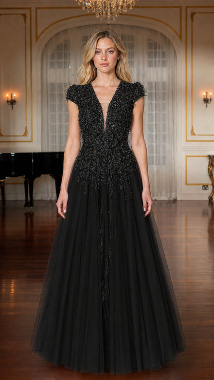 Front view of black beaded evening gown