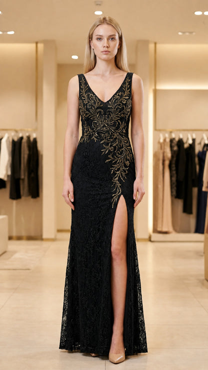 Front view of black evening gown with sequin embroidery