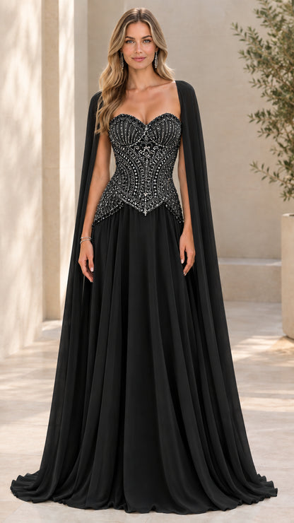 Black sweetheart beaded corset evening gown with long cape