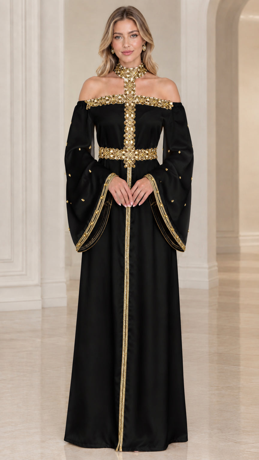 Front full-length view of black satin off-shoulder evening maxi dress with gold trims