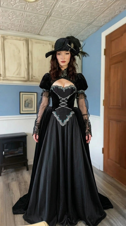 Front view of Victorian Gothic black velvet ball gown