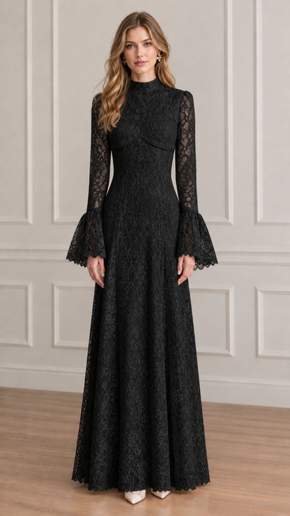Front view of black high-neck floral lace bell-sleeve maxi gown