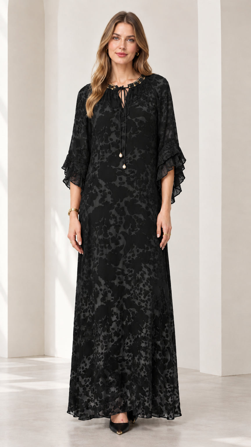 Classic Black embellished flutter sleeve maxi dress on model
