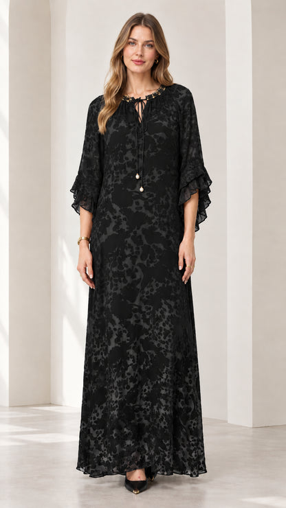Classic Black embellished flutter sleeve maxi dress on model