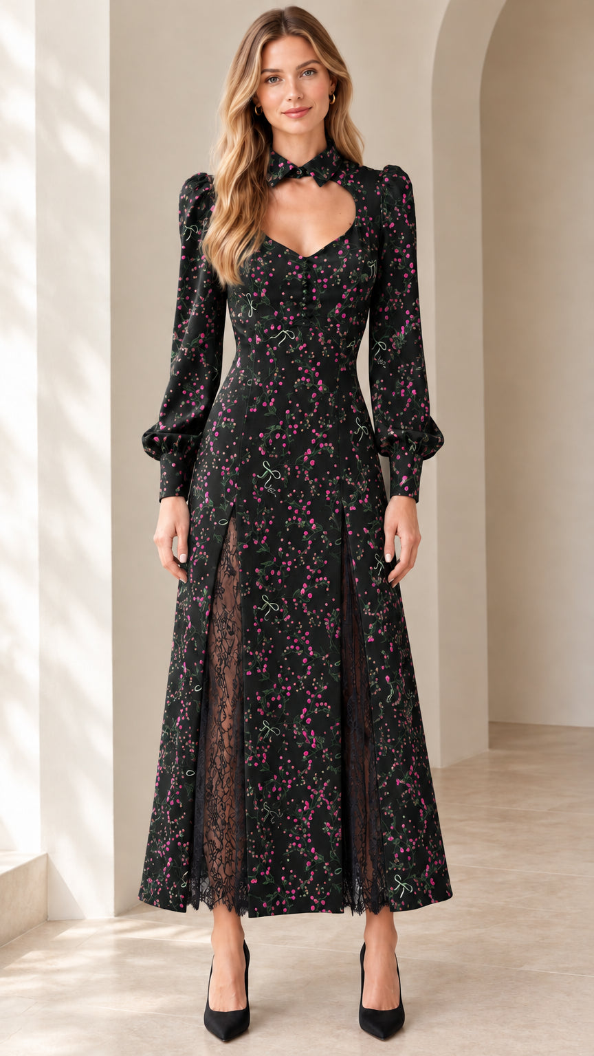 Front view of Black floral long sleeve cutout maxi dress with lace slits
