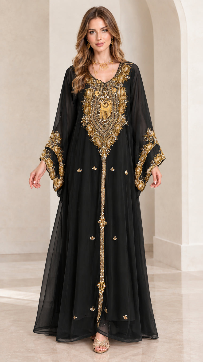 Front view of black embroidered gold beaded evening kaftan maxi dress