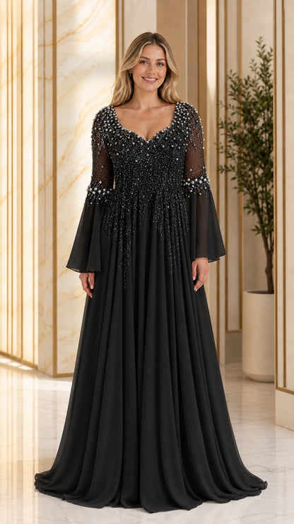 Black pearl-beaded long bell sleeve A-line formal evening gown