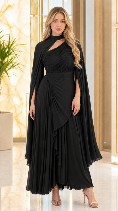 Front view of black cutout pleated cape sleeve maxi formal dress
