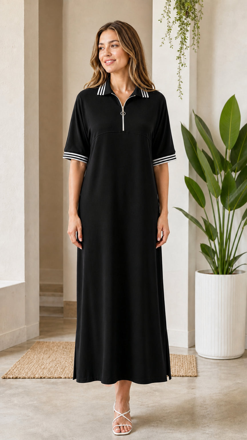 Women's black half-zip polo maxi dress with striped trim