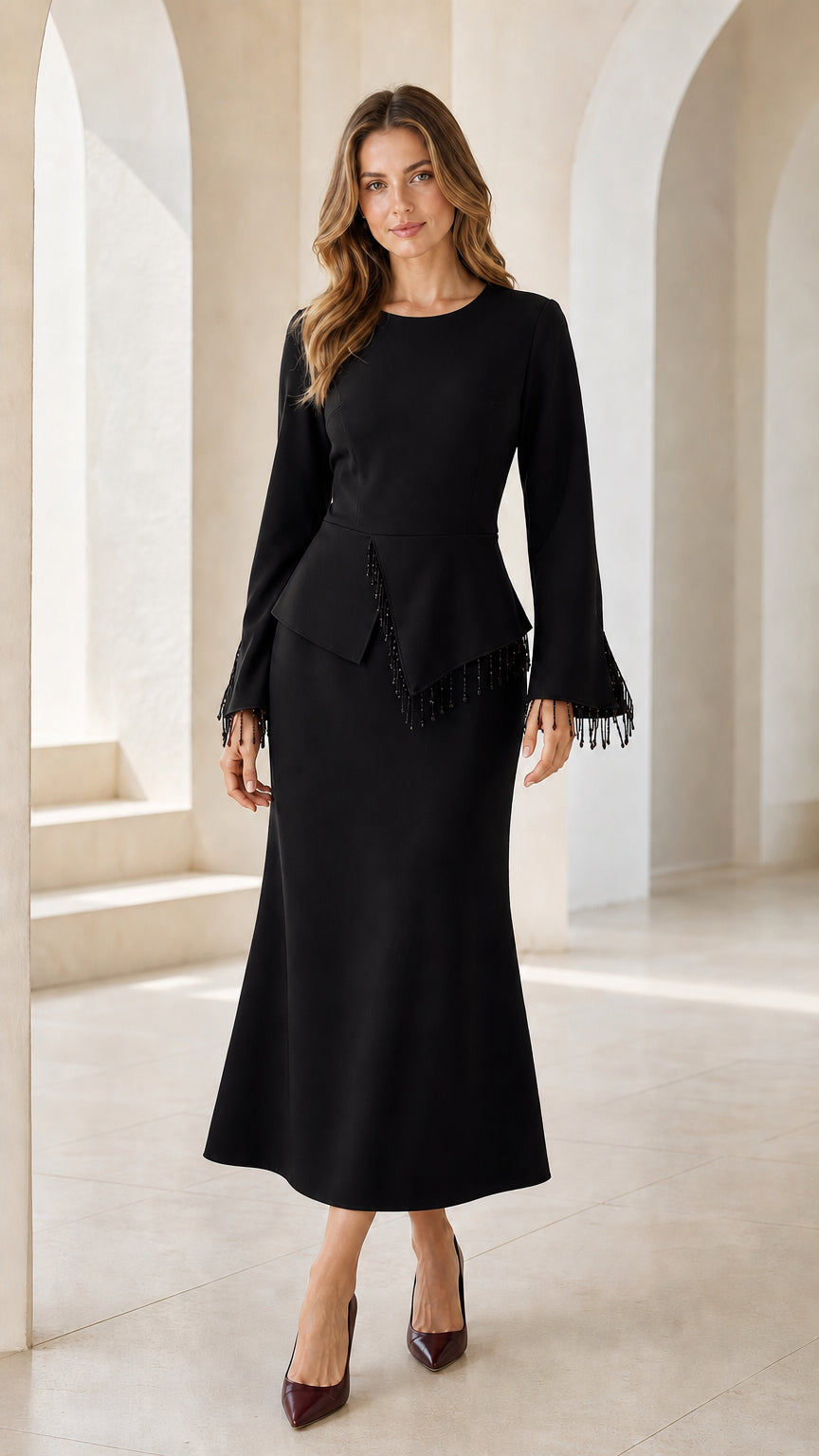 Black long sleeve peplum formal midi dress with beaded trim