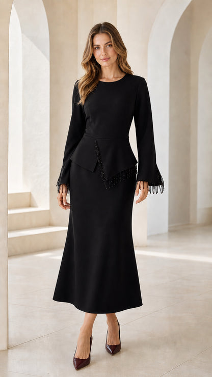 Black long sleeve peplum formal midi dress with beaded trim