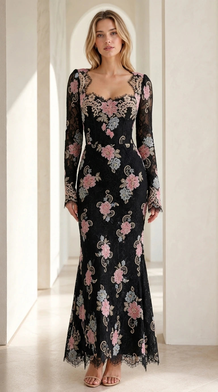 Front view of Black floral embroidered lace maxi dress