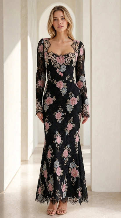 Front view of Black floral embroidered lace maxi dress