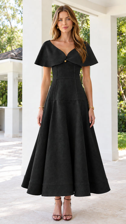 Front view of black capelet V-neck A-line flare midi dress