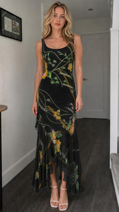 Front view of black floral beaded mesh maxi dress