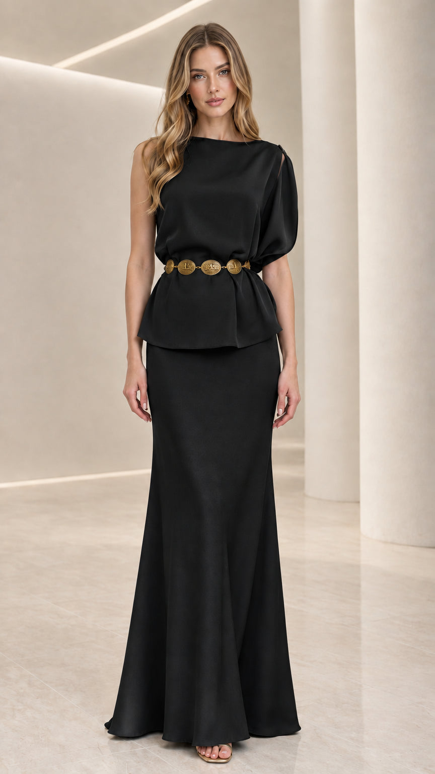 Black asymmetrical draped peplum maxi evening gown