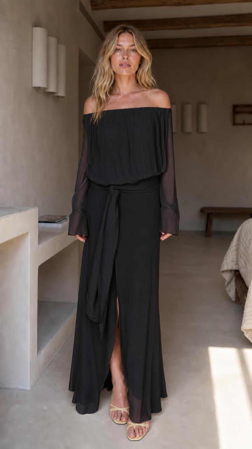 Front view of black off-the-shoulder chiffon maxi dress
