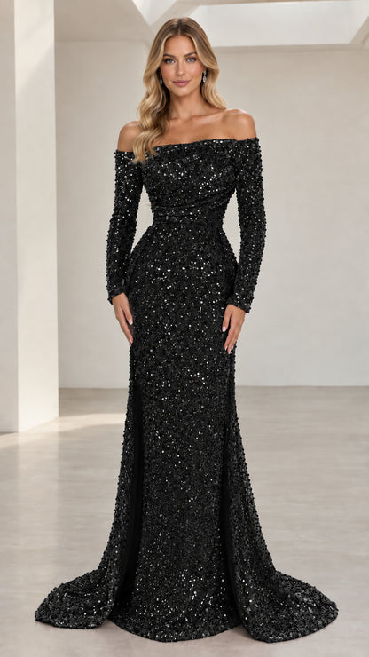 Front view of black off-the-shoulder long sleeve sequin mermaid evening gown