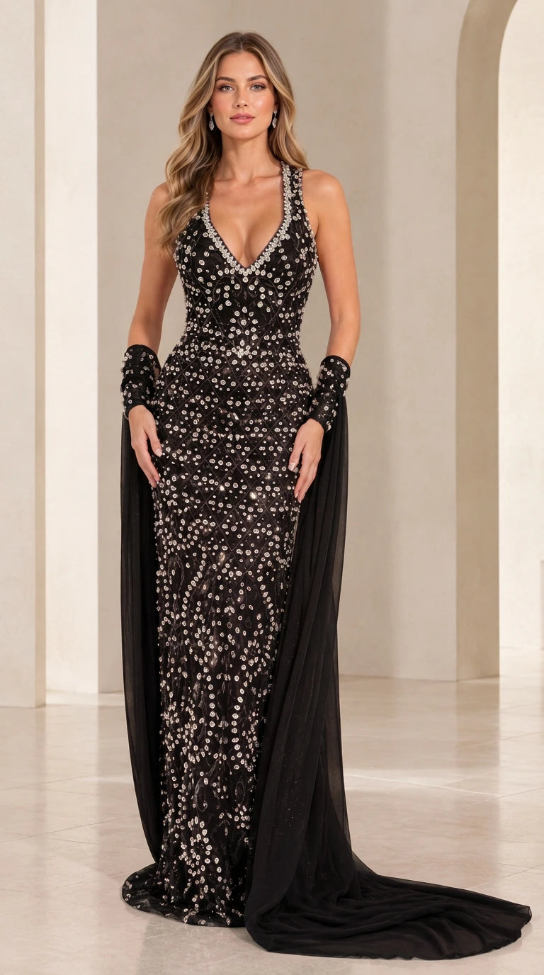Black crystal-embellished V-neck evening gown with matching cape cuffs