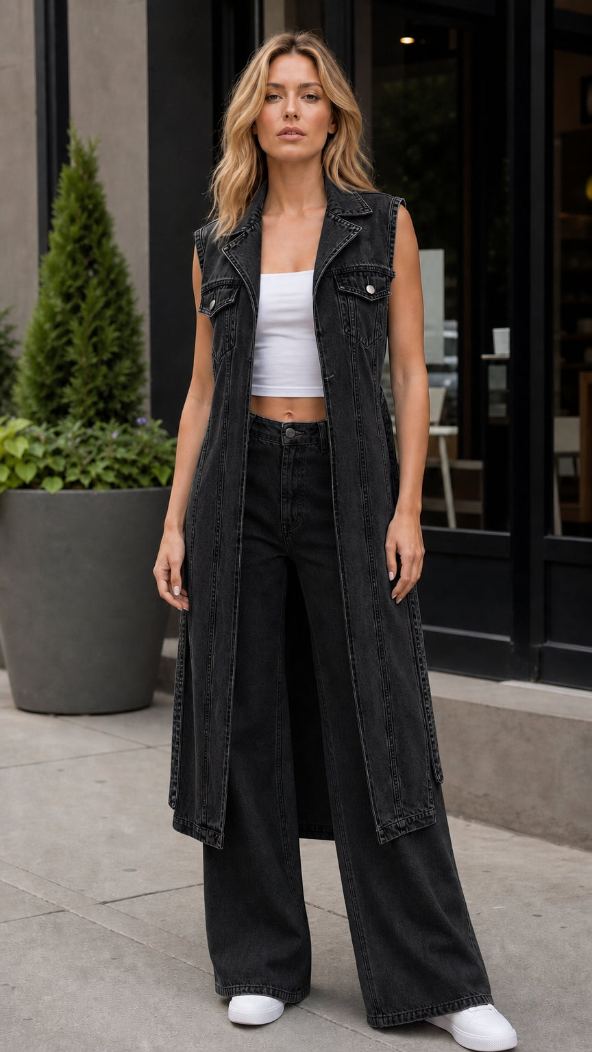 Model wearing black long denim vest and matching wide leg pants set