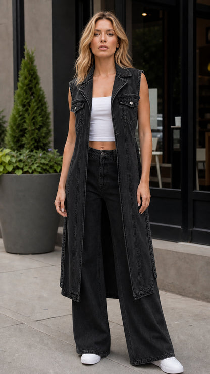 Model wearing black long denim vest and matching wide leg pants set