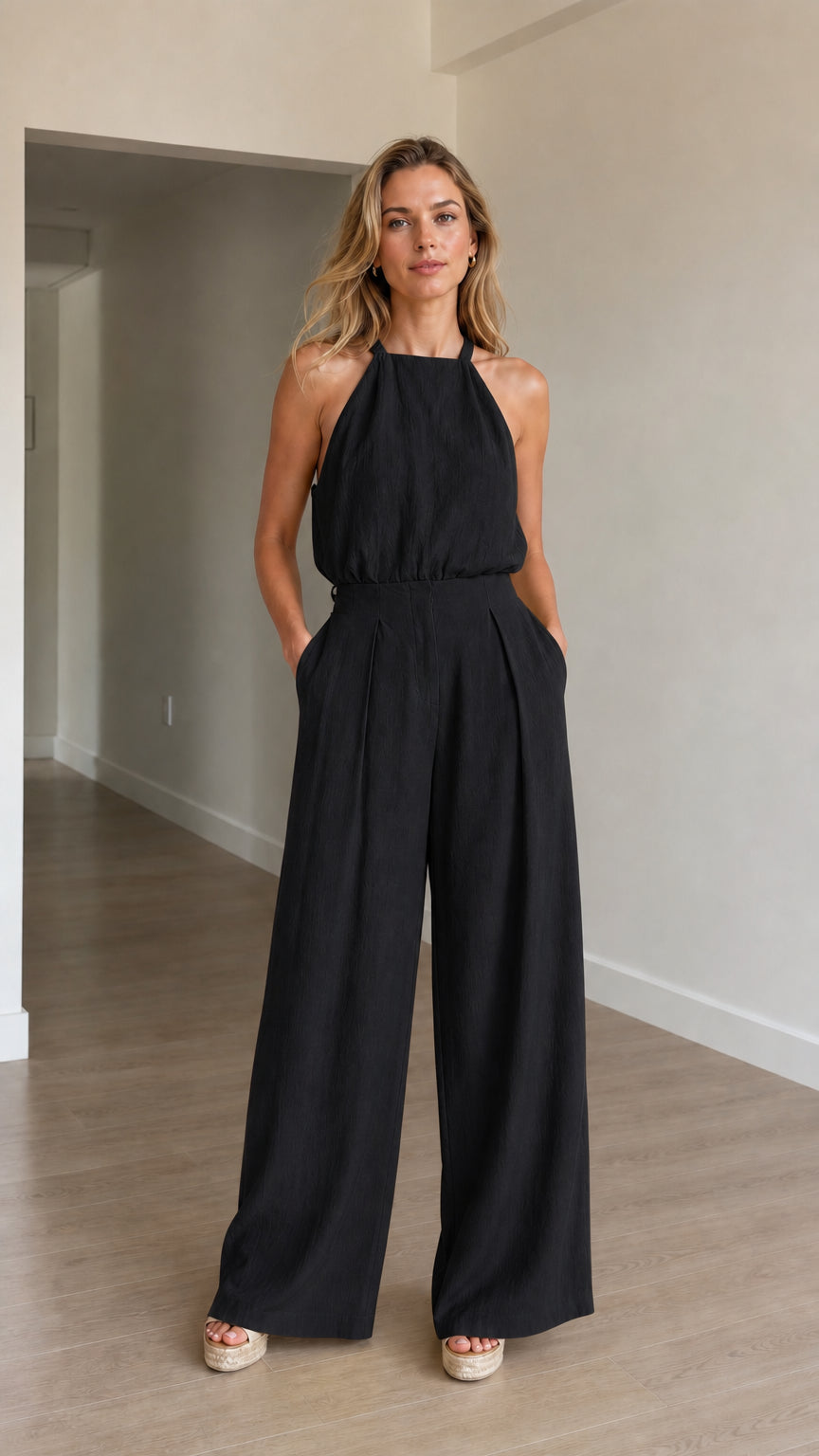 Model wearing black halter neck jumpsuit