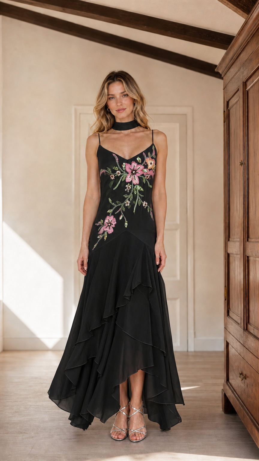Classic black embroidered chiffon maxi dress with scarf neck