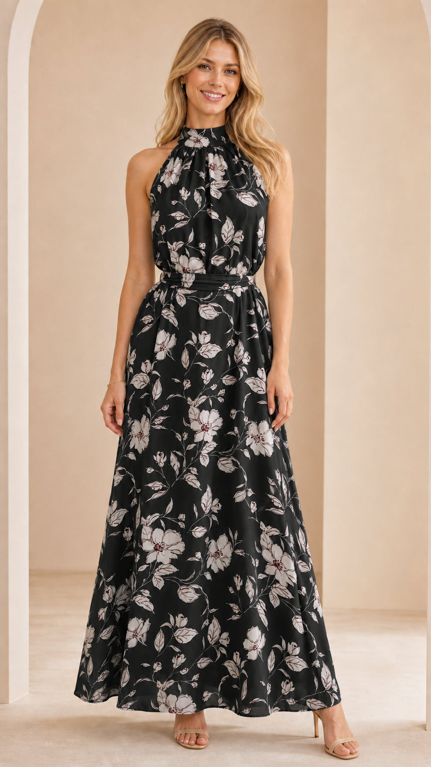 Front view of woman wearing black floral halter neck maxi dress