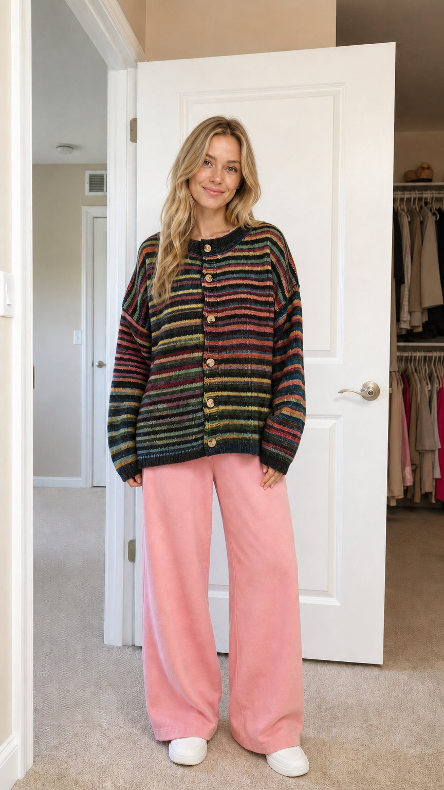 Front view of black-based striped cardigan variant