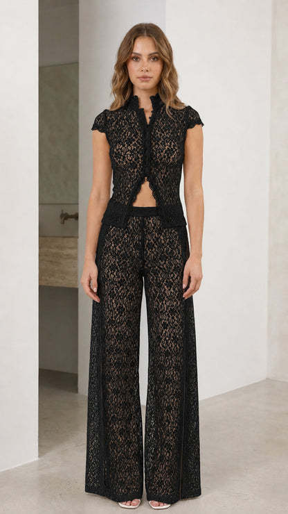 Full front view of black lace matching set