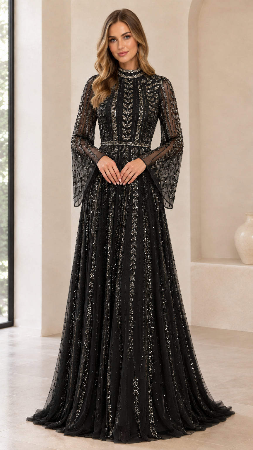 Front view of black high neck sequined evening gown with long bell sleeves