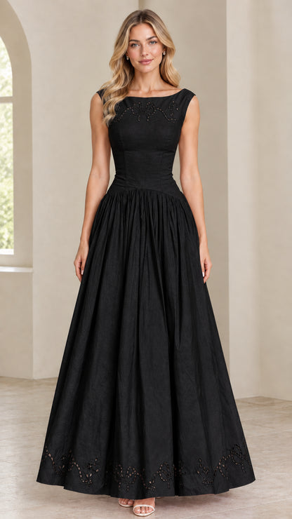 Model wearing Black sleeveless embroidered maxi dress