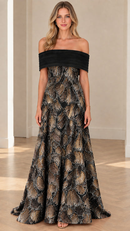 Black and gold off-the-shoulder beaded evening gown front view