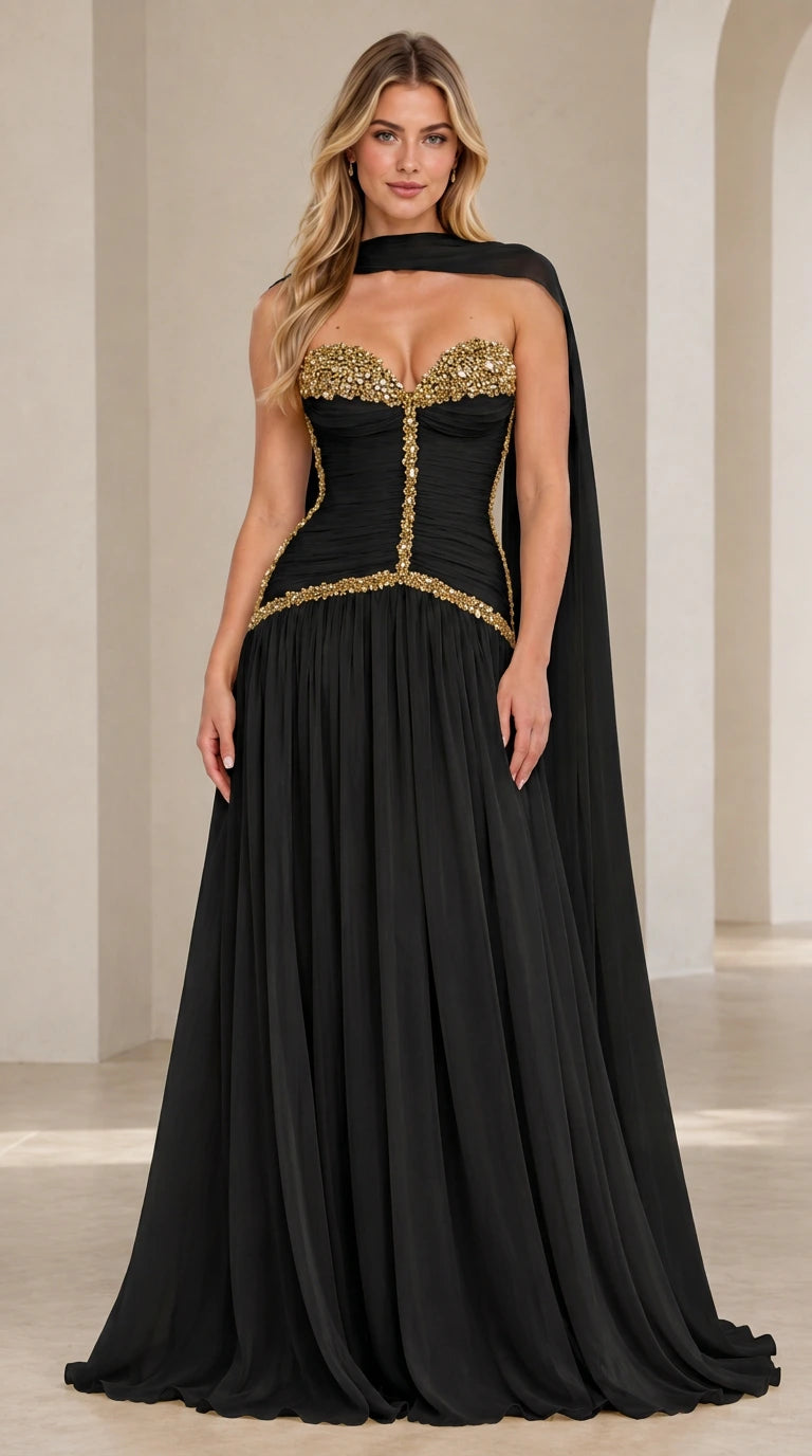 Model wearing black strapless embellished corset chiffon evening gown with matching neck scarf