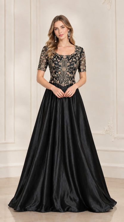 Front view of model wearing Black embroidered bodice A-line evening gown