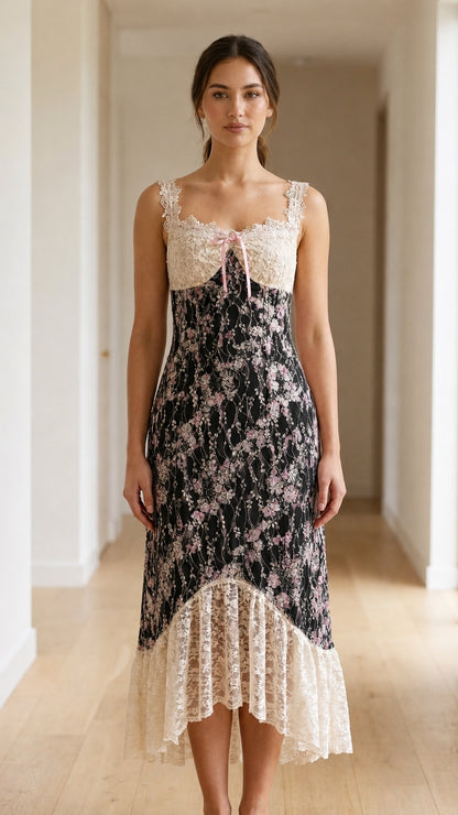 Model wearing black floral midi dress with lace trim