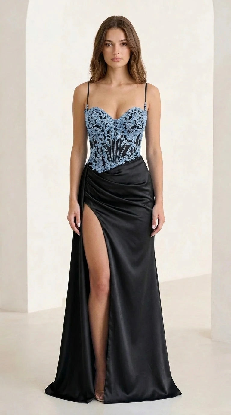 Black satin evening gown with light blue lace bodice