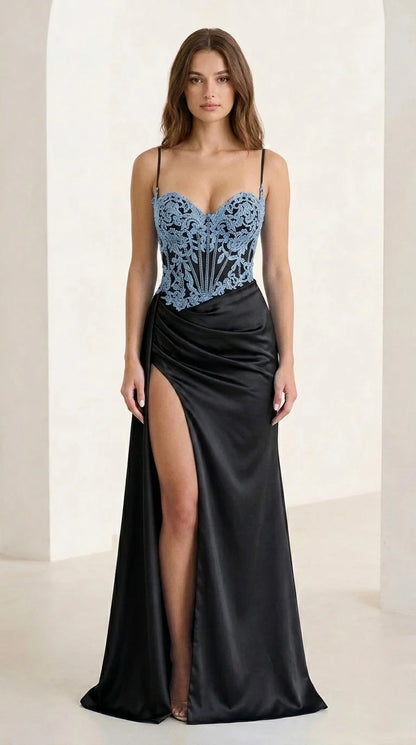 Black satin evening gown with light blue lace bodice