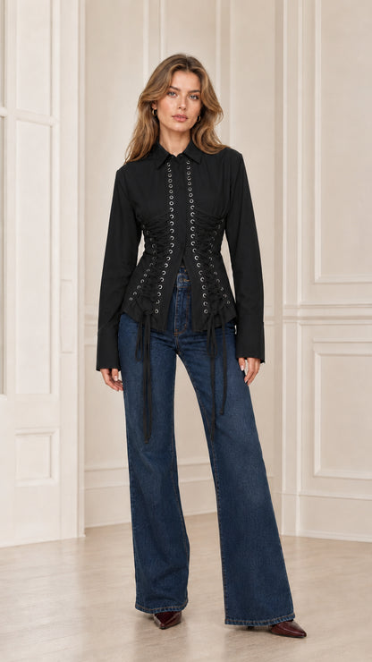 Front view of black long sleeve corset lace-up button-down blouse